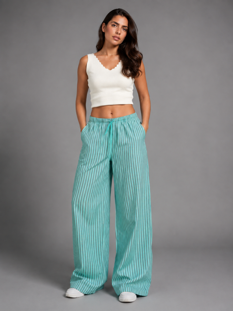 Turquoise-Pink Striped Linen Pants