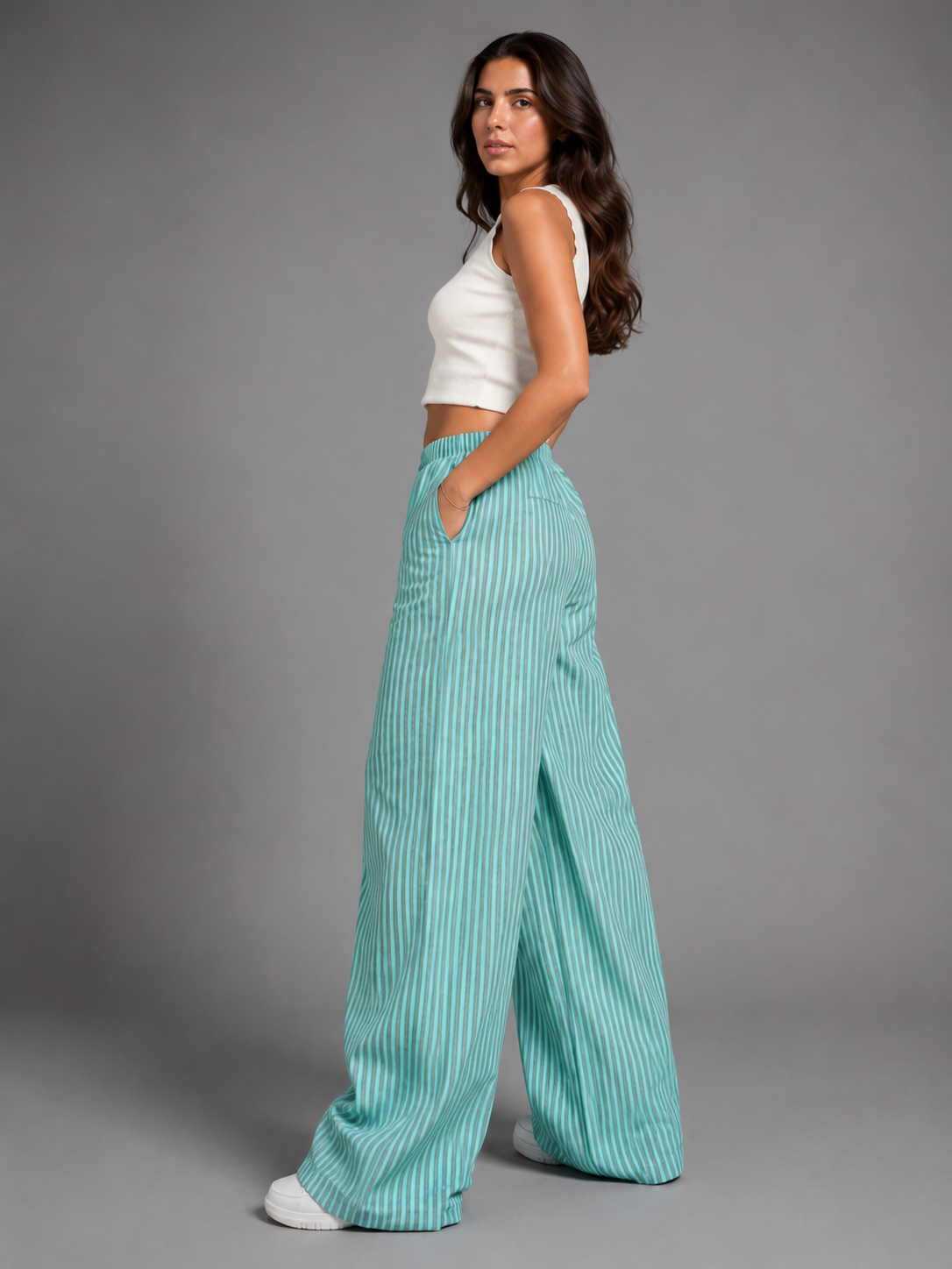 Turquoise-Pink Striped Linen Pants