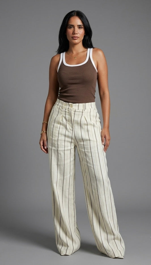 Beige- White & Brown Striped Linen Pants