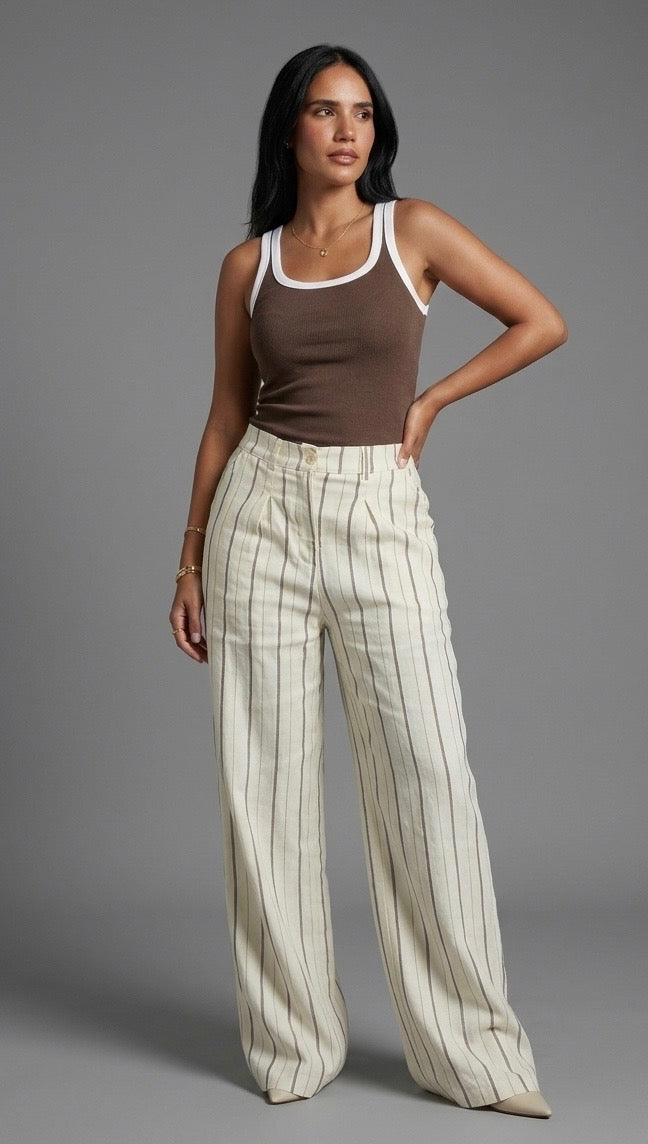 Beige- White & Brown Striped Linen Pants