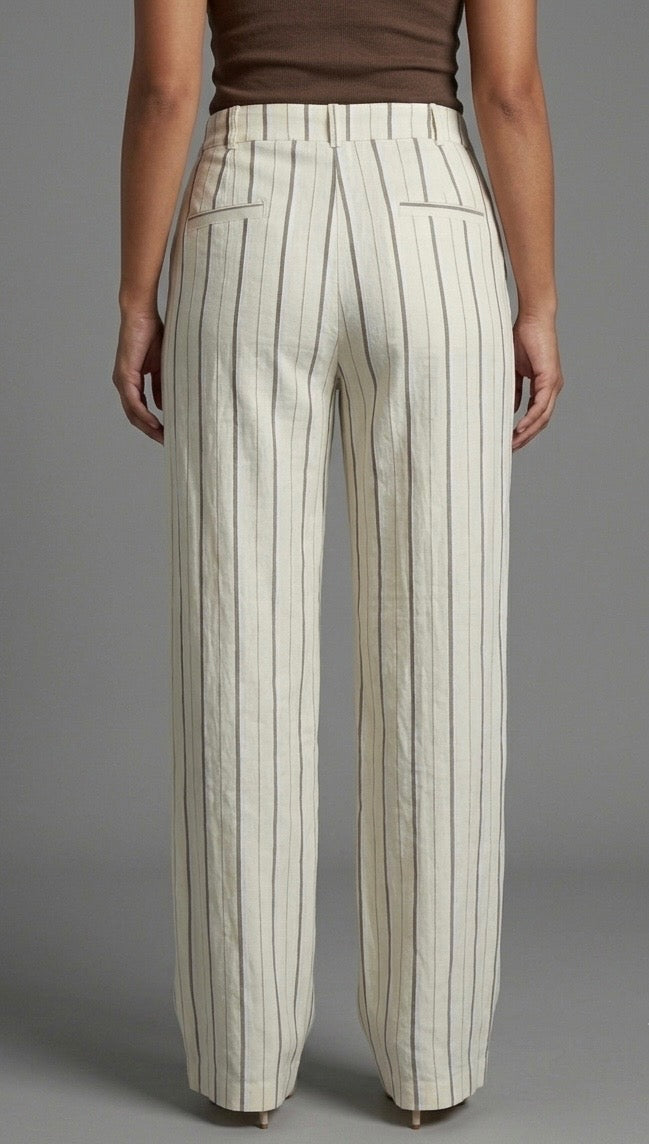 Beige- White & Brown Striped Linen Pants