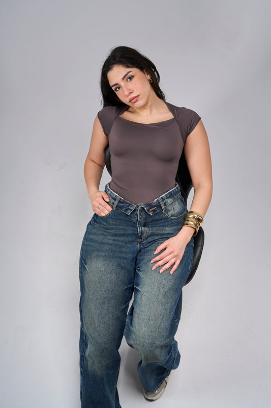 Refined Square Neck Top - Brown
