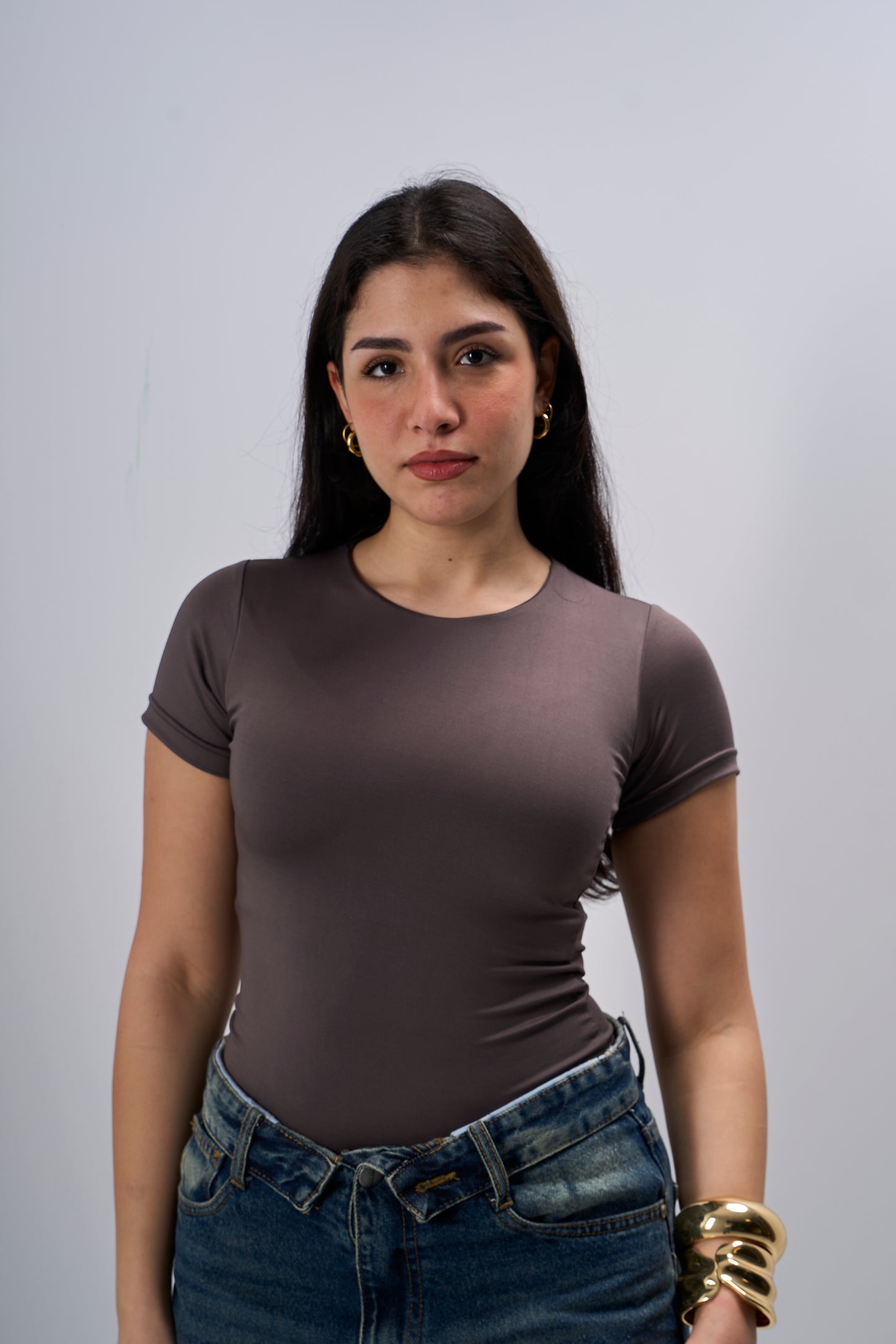Refined Round Neck Top - Brown