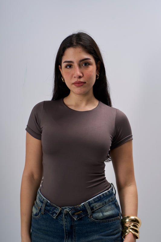 Refined Round Neck Top - Brown
